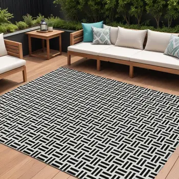 10' X 14' Black And Ivory Geometric Washable Indoor Outdoor Area Rug