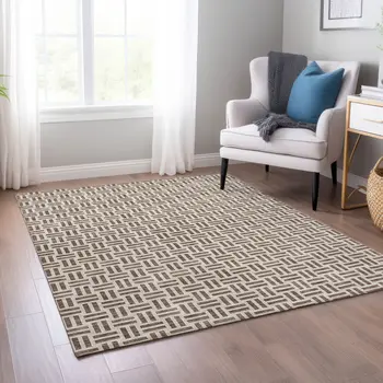 5' X 8' Chocolate And Ivory Geometric Washable Indoor Outdoor Area Rug