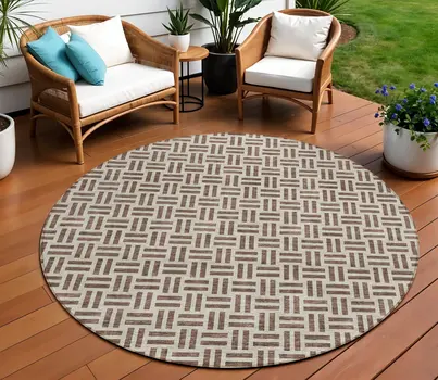 8' Chocolate And Ivory Round Geometric Washable Indoor Outdoor Area Rug