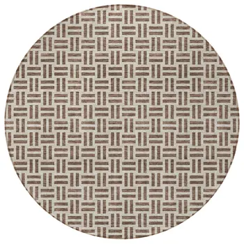 8' Chocolate And Ivory Round Geometric Washable Indoor Outdoor Area Rug