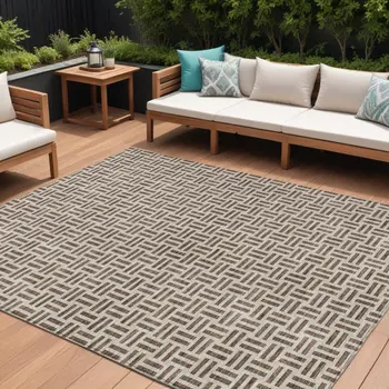 8' X 10' Chocolate And Ivory Geometric Washable Indoor Outdoor Area Rug