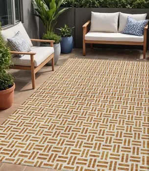 5' X 8' Copper And Ivory Geometric Washable Indoor Outdoor Area Rug