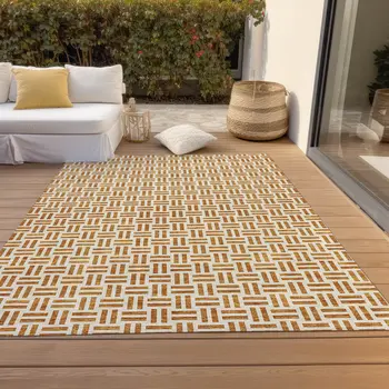 5' X 8' Copper And Ivory Geometric Washable Indoor Outdoor Area Rug