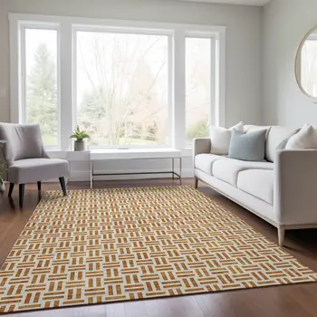 5' X 8' Copper And Ivory Geometric Washable Indoor Outdoor Area Rug