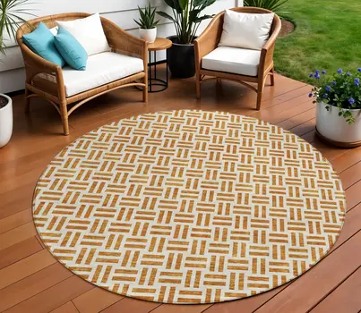8' Copper And Ivory Round Geometric Washable Indoor Outdoor Area Rug
