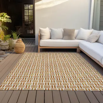10' X 14' Copper And Ivory Geometric Washable Indoor Outdoor Area Rug