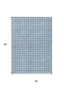 3' X 5' Denim Blue And Ivory Geometric Washable Indoor Outdoor Area Rug
