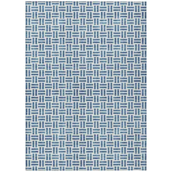 5' X 8' Denim Blue And Ivory Geometric Washable Indoor Outdoor Area Rug