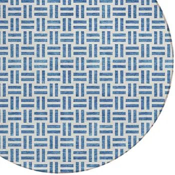 8' Denim Blue And Ivory Round Geometric Washable Indoor Outdoor Area Rug