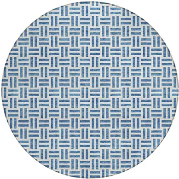 8' Denim Blue And Ivory Round Geometric Washable Indoor Outdoor Area Rug