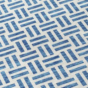 8' Denim Blue And Ivory Round Geometric Washable Indoor Outdoor Area Rug