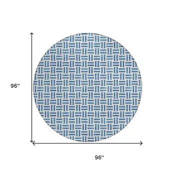 8' Denim Blue And Ivory Round Geometric Washable Indoor Outdoor Area Rug