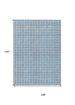 9' X 12' Denim Blue And Ivory Geometric Washable Indoor Outdoor Area Rug