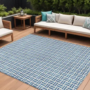 9' X 12' Denim Blue And Ivory Geometric Washable Indoor Outdoor Area Rug
