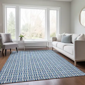 9' X 12' Denim Blue And Ivory Geometric Washable Indoor Outdoor Area Rug