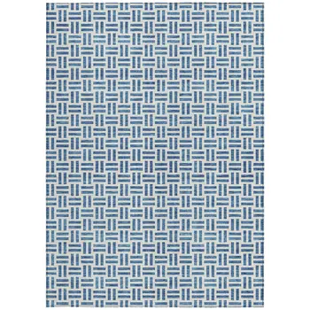 10' X 14' Denim Blue And Ivory Geometric Washable Indoor Outdoor Area Rug