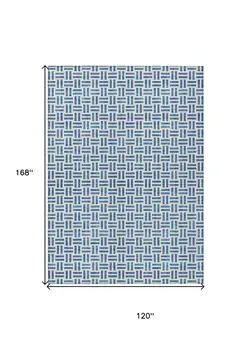 10' X 14' Denim Blue And Ivory Geometric Washable Indoor Outdoor Area Rug