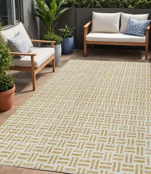 5' X 8' Gold And Ivory Geometric Washable Indoor Outdoor Area Rug