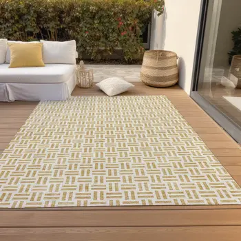 5' X 8' Gold And Ivory Geometric Washable Indoor Outdoor Area Rug