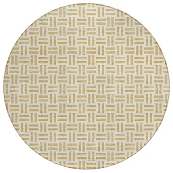 8' Gold And Ivory Round Geometric Washable Indoor Outdoor Area Rug