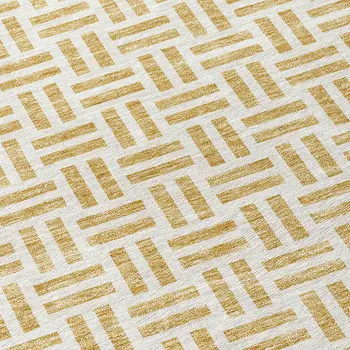 8' Gold And Ivory Round Geometric Washable Indoor Outdoor Area Rug