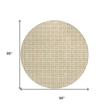8' Gold And Ivory Round Geometric Washable Indoor Outdoor Area Rug