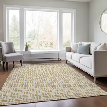 8' X 10' Gold And Ivory Geometric Washable Indoor Outdoor Area Rug