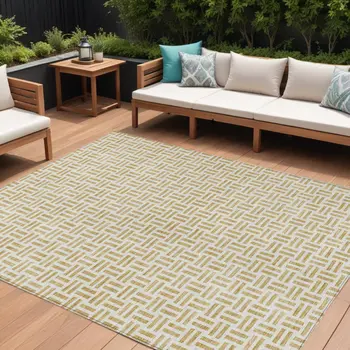 9' X 12' Gold And Ivory Geometric Washable Indoor Outdoor Area Rug