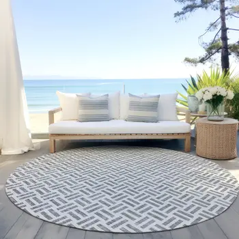 8' Gray And Ivory Round Geometric Washable Indoor Outdoor Area Rug