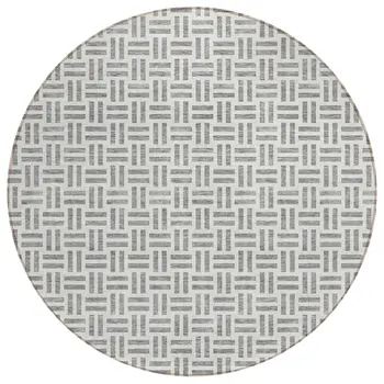 8' Gray And Ivory Round Geometric Washable Indoor Outdoor Area Rug