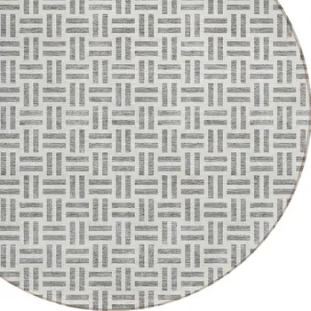 8' Gray And Ivory Round Geometric Washable Indoor Outdoor Area Rug