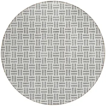 8' Gray And Ivory Round Geometric Washable Indoor Outdoor Area Rug
