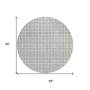8' Gray And Ivory Round Geometric Washable Indoor Outdoor Area Rug