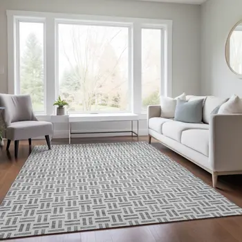 8' X 10' Gray And Ivory Geometric Washable Indoor Outdoor Area Rug