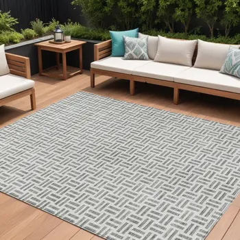 9' X 12' Gray And Ivory Geometric Washable Indoor Outdoor Area Rug
