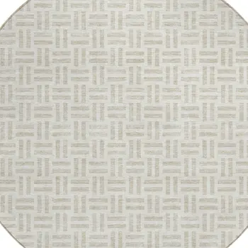 8' Ivory And Beige Round Geometric Washable Indoor Outdoor Area Rug