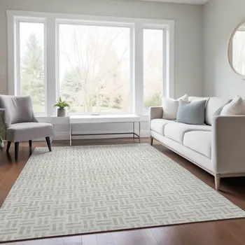 8' X 10' Ivory And Beige Geometric Washable Indoor Outdoor Area Rug