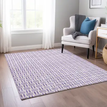 5' X 8' Lavender And Ivory Geometric Washable Indoor Outdoor Area Rug
