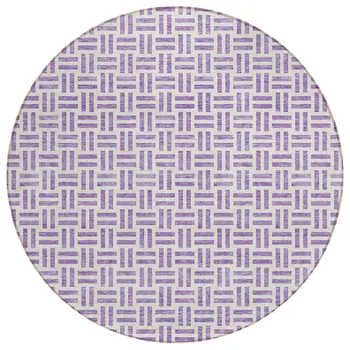 8' Lavender And Ivory Round Geometric Washable Indoor Outdoor Area Rug