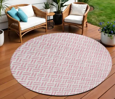 8' Pink And Ivory Round Geometric Washable Indoor Outdoor Area Rug