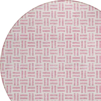8' Pink And Ivory Round Geometric Washable Indoor Outdoor Area Rug
