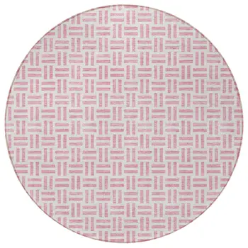 8' Pink And Ivory Round Geometric Washable Indoor Outdoor Area Rug