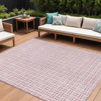 8' X 10' Pink And Ivory Geometric Washable Indoor Outdoor Area Rug