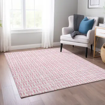 10' X 14' Pink And Ivory Geometric Washable Indoor Outdoor Area Rug