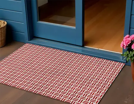 3' X 5' Red And Ivory Geometric Washable Indoor Outdoor Area Rug