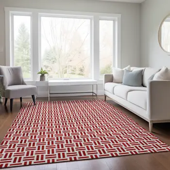 3' X 5' Red And Ivory Geometric Washable Indoor Outdoor Area Rug