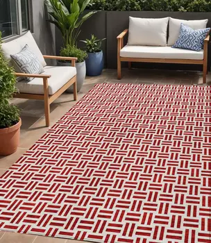 5' X 8' Red And Ivory Geometric Washable Indoor Outdoor Area Rug