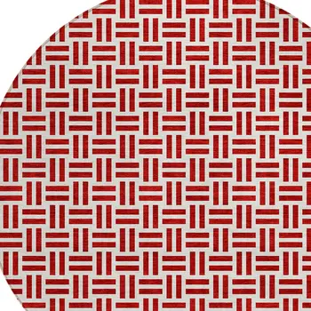 8' Red And Ivory Round Geometric Washable Indoor Outdoor Area Rug