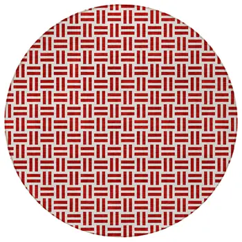 8' Red And Ivory Round Geometric Washable Indoor Outdoor Area Rug