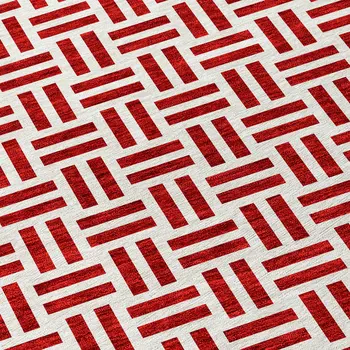 8' Red And Ivory Round Geometric Washable Indoor Outdoor Area Rug